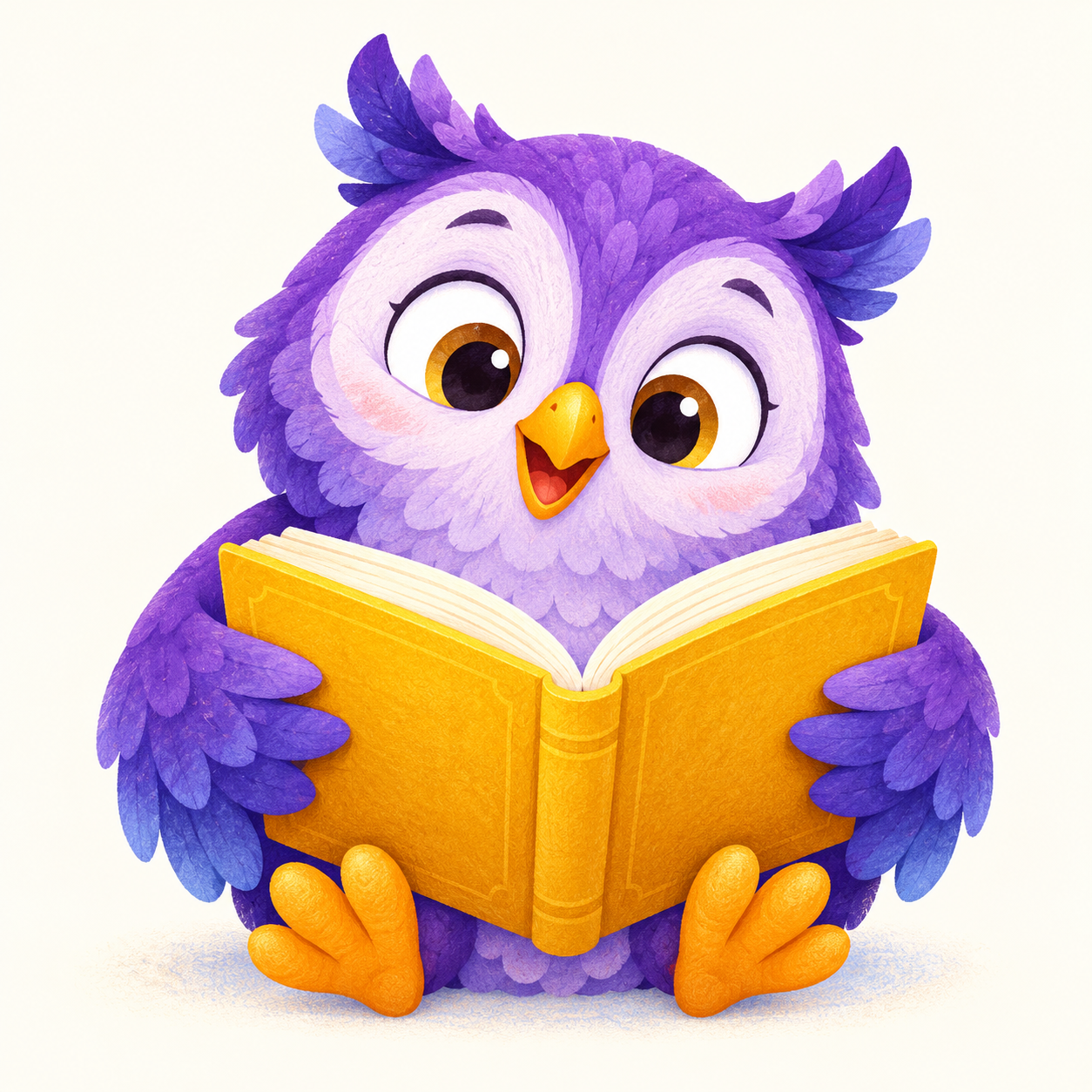 A cheerful purple owl reading a book